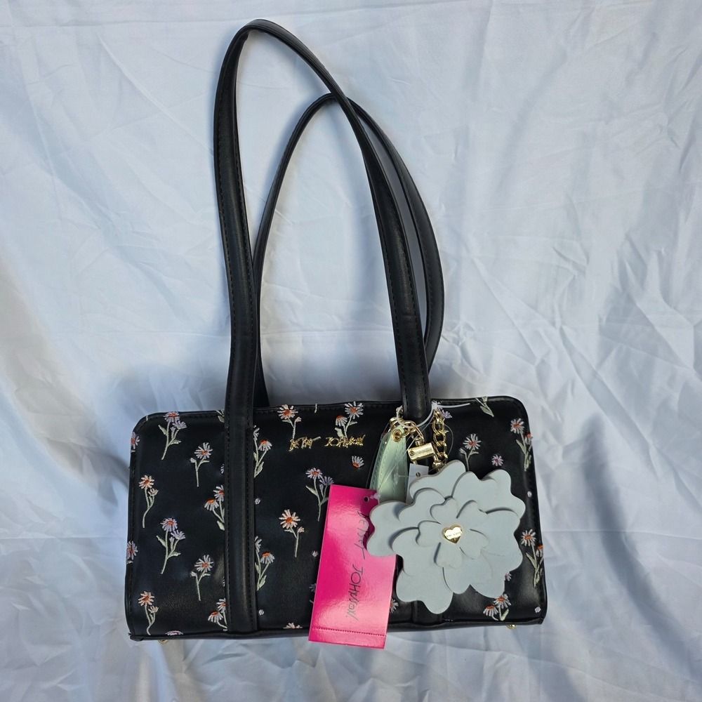 NWT Betsey Johnson XOMACK-N Black w/Daisies Bag Purse - Pretty Blue Flower Charm